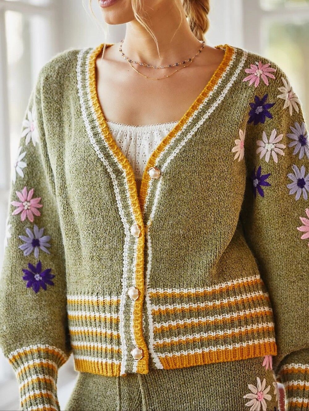 Raga Floral Embroidered Cardigan Olive Floral Knit Cardigan Sweater Mustard Trim